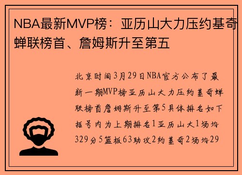 NBA最新MVP榜：亚历山大力压约基奇蝉联榜首、詹姆斯升至第五
